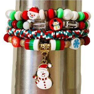 Christmas Themed Beaded Stretch Bracelets Set Of 4  With Charms in Red Green
